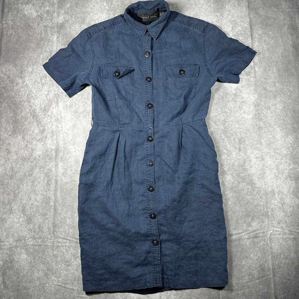 August Silk Blue 100% Linen Button Front Shirt Dress Short Sleeve Womens 12 Boho